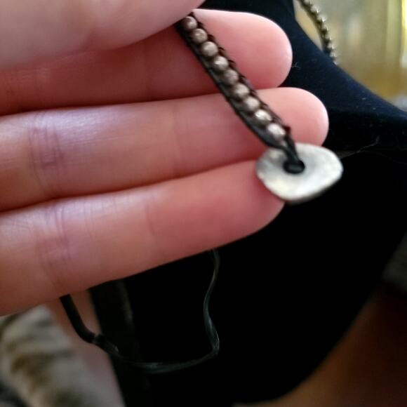 Vintage Boho Beaded Necklace Silver Tone Bead on Black Leather Cord Button Clasp - Picture 8 of 10